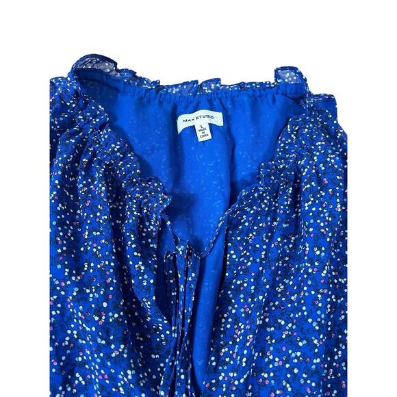 Max Studio Blue Floral Sleeveless Blouse Sz Large Elastic Bottom Hem Top Lined - Picture 2 of 6